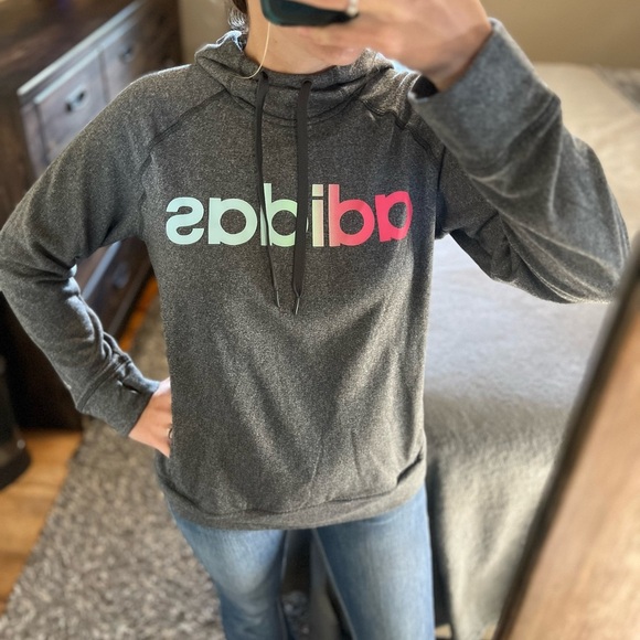 Adidas Gray Cowl neck Climawarm Large Hoodie Sweatshirt Multicolor Logo - Picture 1 of 9